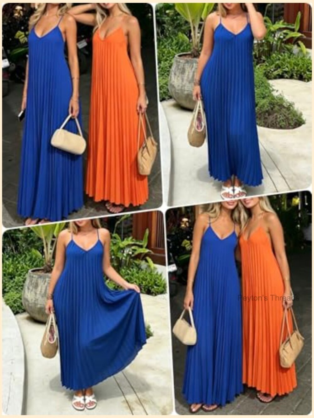 V Neck Sleeveless Pleated Flowy Maxi Dress with Adjustable Straps - Picture 5 of 7